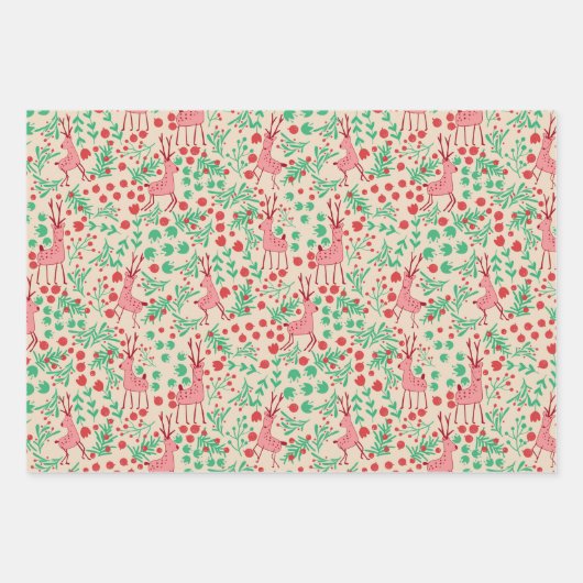 Whimsical Pink Reindeer and Winter Foliage Pattern Inpakpapier Vel (Voorkant)