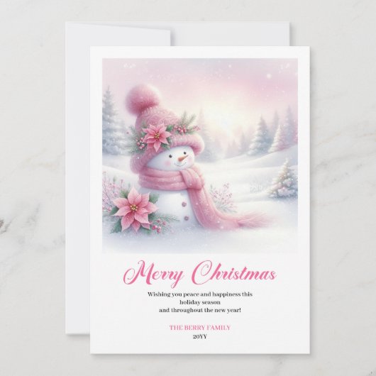 Whimsical Pink Snowman Editable Festive Scene Card Feestdagenkaart (Voorkant)