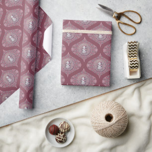 Whimsical Pink Snowman Mandala Retro Ogee Damask Cadeaupapier