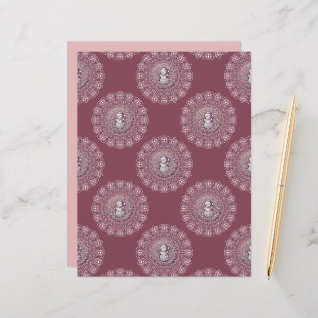 Whimsical Pink Snowman Polka Dot Mandala Scrapbook (Voorkant / Achterkant in situ)