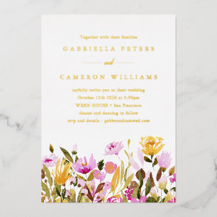 Whimsical Pink Yellow Waterverf Floral Wedding Folie Uitnodiging