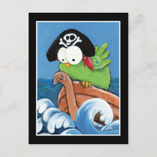 Whimsical Pirate Bird in a Wooden Boat Briefkaart