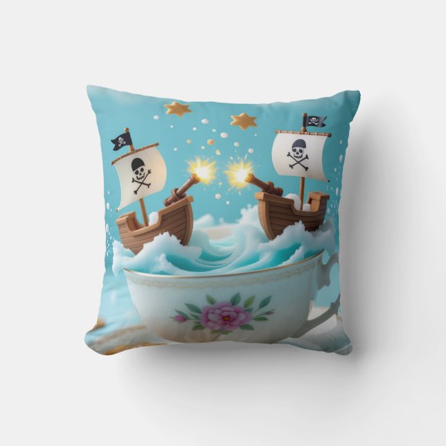 Whimsical Pirate Ships in Teacup Cushion – Cute Fa Kussen (Voorkant)