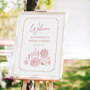 Whimsical Pizza & Wine Bruidsfeest Welkom Poster