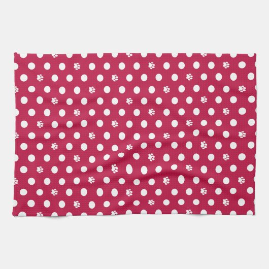 Whimsical Polka Dot Dog Paw Print Rood Theedoek (Horizontaal)
