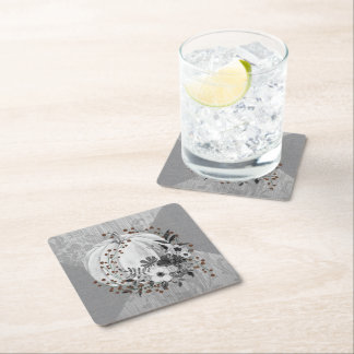 Whimsical Pompoen Bloemen & Rode bessen Grijswaard Vierkante Kartonnen Onderzetter