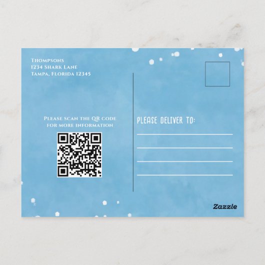 Whimsical Pool Party Sharks QR Code Website Briefkaart (Achterkant)