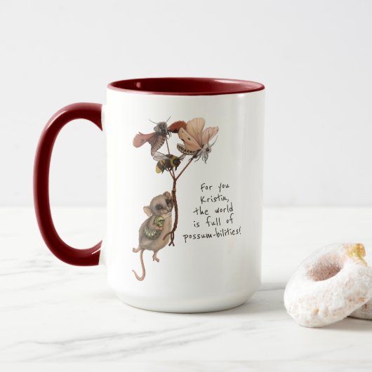 Whimsical Possum Moth en Bee Kind's afscheidsfeest Mok (Met donut)