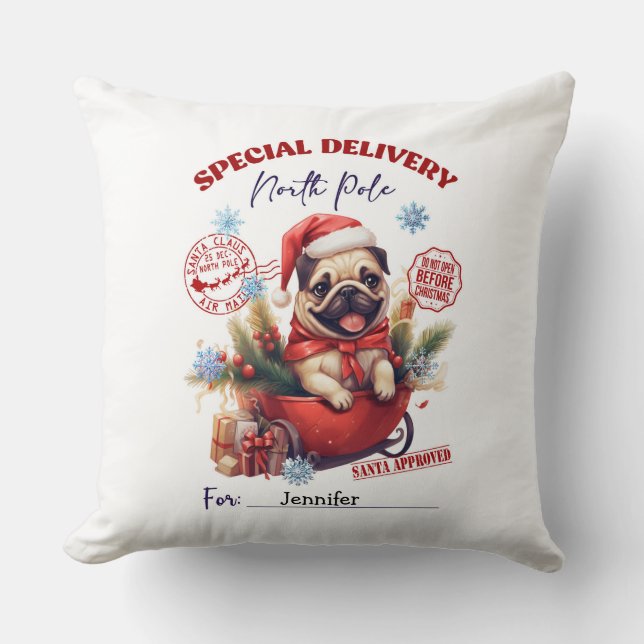 Whimsical Pug Christmas Throw Pillow Kussen (Voorkant)