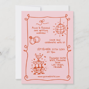 Whimsical Quirky Doodle Lijst Frans Roze Huwelijk Kaart