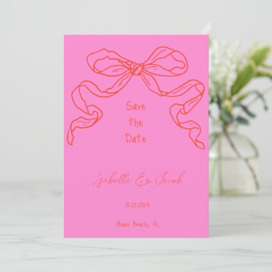 Whimsical Quirky Hand Getrokken Roze Boog Save the Kaart (Staand voorkant)