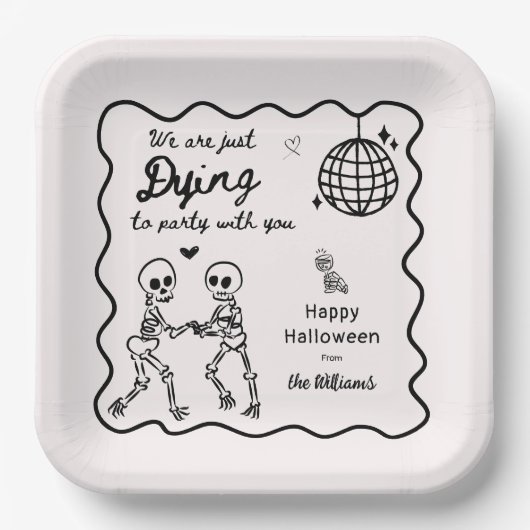 Whimsical Quirky Hand getrokken Skelet Halloween Papieren Bordje (Voorkant)