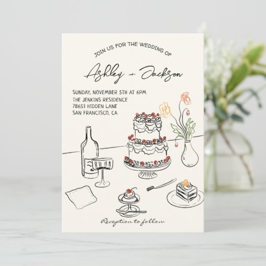 Whimsical Quirky Hand getrokken taart bruiloft Kaart (Staand voorkant)