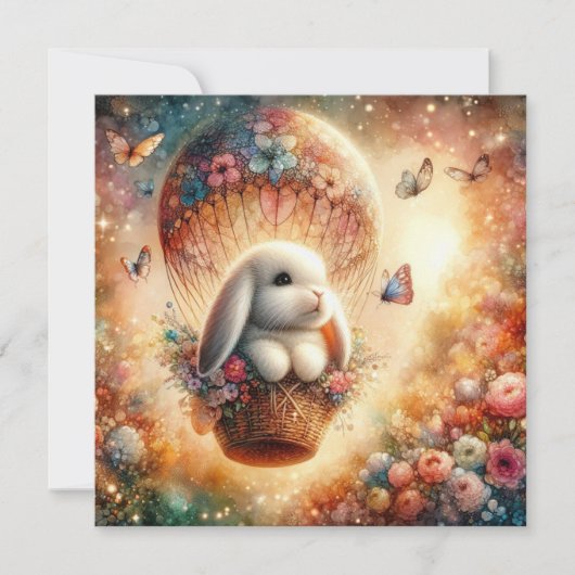 Whimsical Rabbit Waterverf Hete Luchtballon Pasen Feestdagenkaart (Voorkant)
