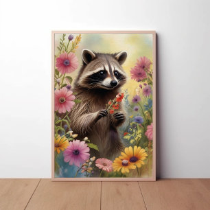 Whimsical Raccoon en Wildflowers Natuur Art Poster
