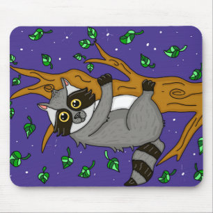 Whimsical Raccoon Hanging from Tree Muismat