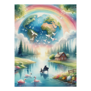 Whimsical Rainbow Earth Fantasy Scene Perfect Poster