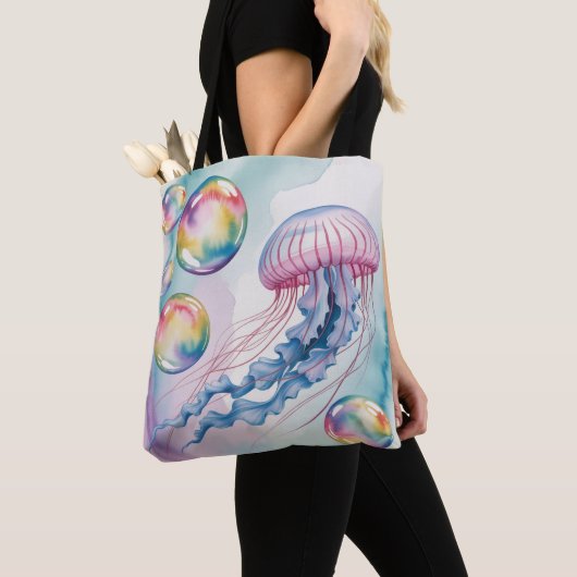 Whimsical Rainbow Jellyfish Watercolor Design Draagtas (Dichtbij)
