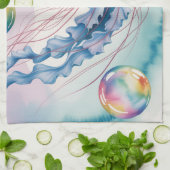 Whimsical Rainbow Jellyfish Watercolor Design Theedoek (Gevouwen)