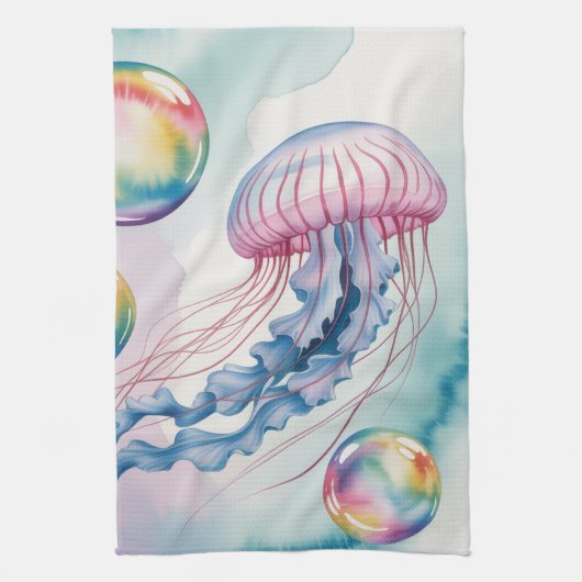 Whimsical Rainbow Jellyfish Watercolor Design Theedoek (Verticaal)