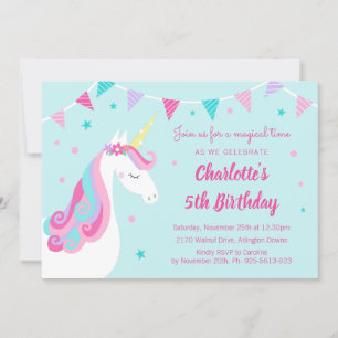 Whimsical Rainbow Unicorn Aqua 5th Birthday Kaart