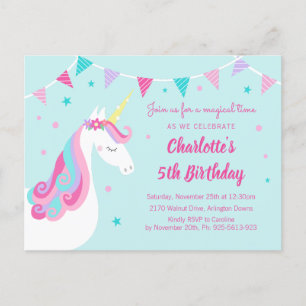 Whimsical Rainbow Unicorn Aqua 5th Birthday Uitnodiging Briefkaart