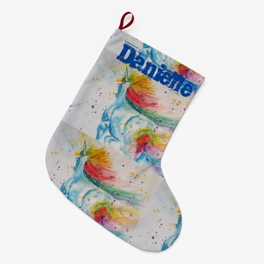 Whimsical Rainbow Unicorn Art-kerststop Grote Kerstsok (Voorkant (Hangend))