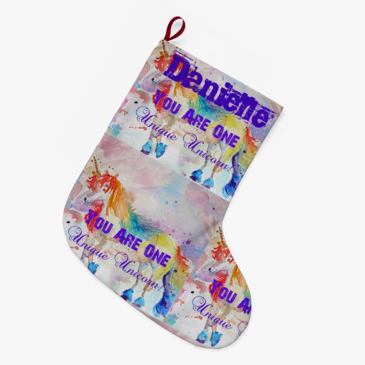 Whimsical Rainbow Unicorn Art-kerststop Grote Kerstsok (Voorkant (Hangend))