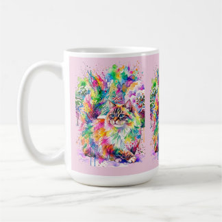Whimsical Rainbow Watercolor Fluffy Cat in Winter  Koffiemok