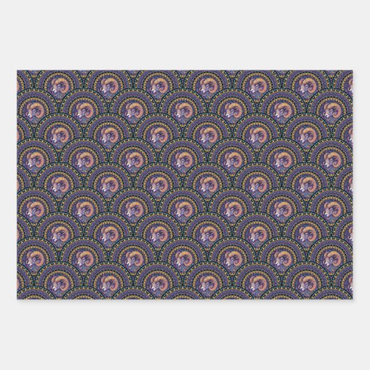 Whimsical Ram Zodiac Mandala Art Deco Scallop Inpakpapier Vel (Voorkant 3)