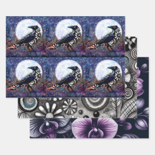 Whimsical Raven Floral Zwart Paarse Decoupage Inpakpapier Vel