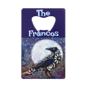 Whimsical Raven Moon Floral gepersonaliseerd Kredietkaart Flessenopener
