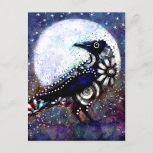 Whimsical Raven Moon Floral Zwart Wit Blauw Briefkaart