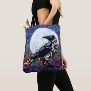 Whimsical Raven Moon Floral Zwart Wit Blauw Draagtas