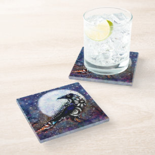 Whimsical Raven Moon Floral Zwart Wit Blauw Glazen Onderzetter
