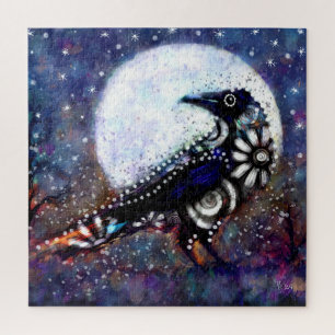 Whimsical Raven Moon Floral Zwart Wit Blauw Legpuzzel