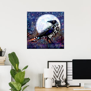 Whimsical Raven Moon Floral Zwart Wit Blauw Poster