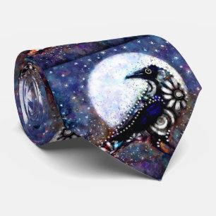 Whimsical Raven Moon Floral Zwart Wit Blauw Stropdas