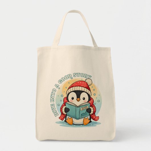 Whimsical Reading Penguin Eco Friendly Grocery  Tote Bag (Voorkant)