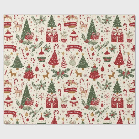 Whimsical Red Birthday Christmas Cadeaupapier (Vlak)