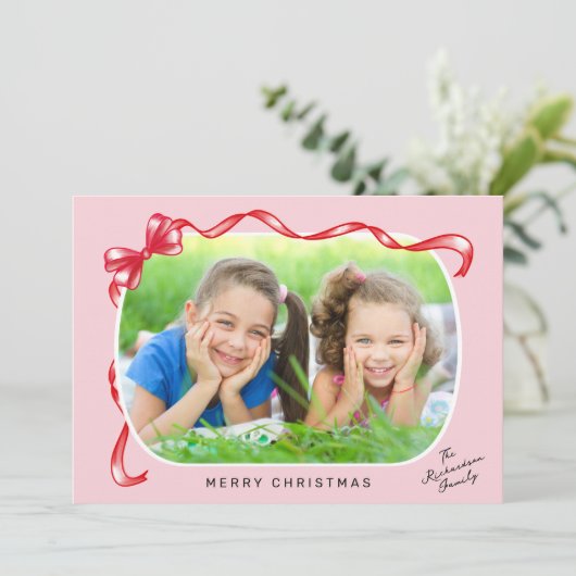 Whimsical Red Bow Ribbon 3 Foto's Kerstmis Feestdagenkaart (Staand voorkant)