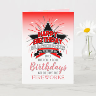Whimsical Red en Grey Fireworks Happy Birthday Kaart