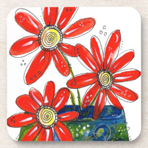 Whimsical Red Flowers Bier Onderzetter