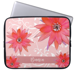 Whimsical Red Flowers Swirly Leaves Add Name Roze Laptop Sleeve