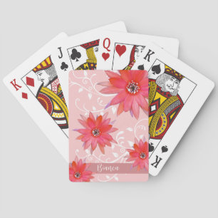 Whimsical Red Flowers Swirly Leaves Add Name Roze Pokerkaarten