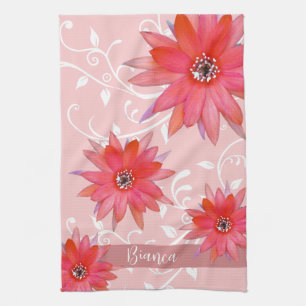 Whimsical Red Flowers Swirly Leaves Add Name Roze Theedoek