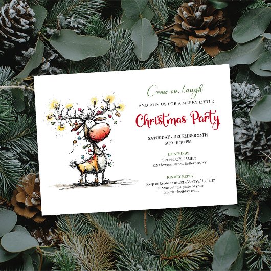 Whimsical Red Green Reindeer Christmas Invitation Kaart