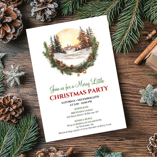 Whimsical Red Green Winter Scene Party Invitation