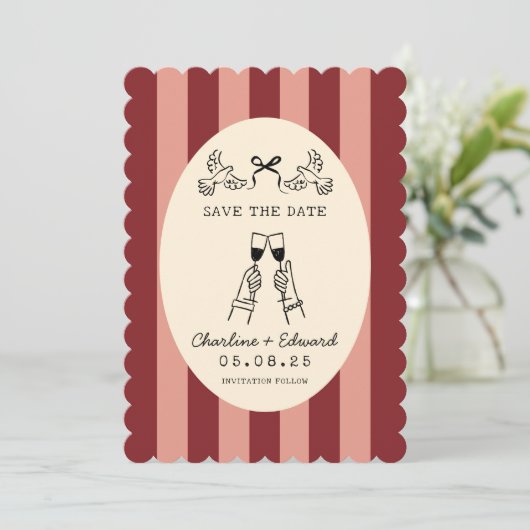 Whimsical Red Pink Striped Scribble Save the Date  Kaart (Staand voorkant)
