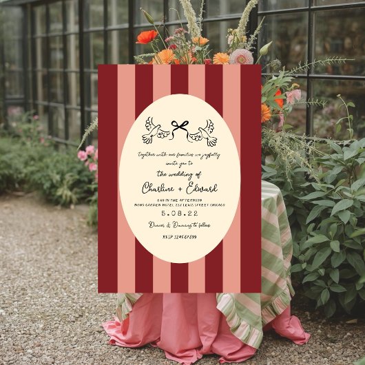 Whimsical Red Pink Striped Scribble Wedding Kaart